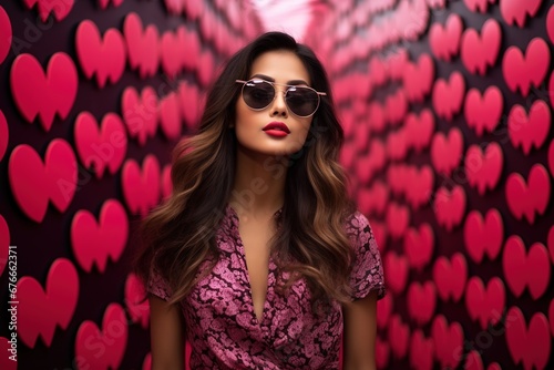 Valentine s day. Portrait of beautiful young Asian woman in sunglasses on red background with hearts.