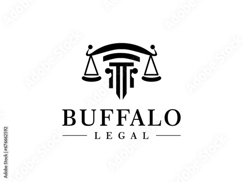 The pillar logo of the legal scales of justice is balanced with an abstract shape of a buffalo head