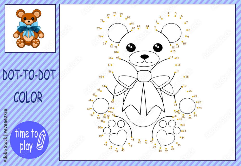 Fototapeta premium children's educational game. logic game. connect the dots by numbers. handwriting training. coloring book. bear toy
