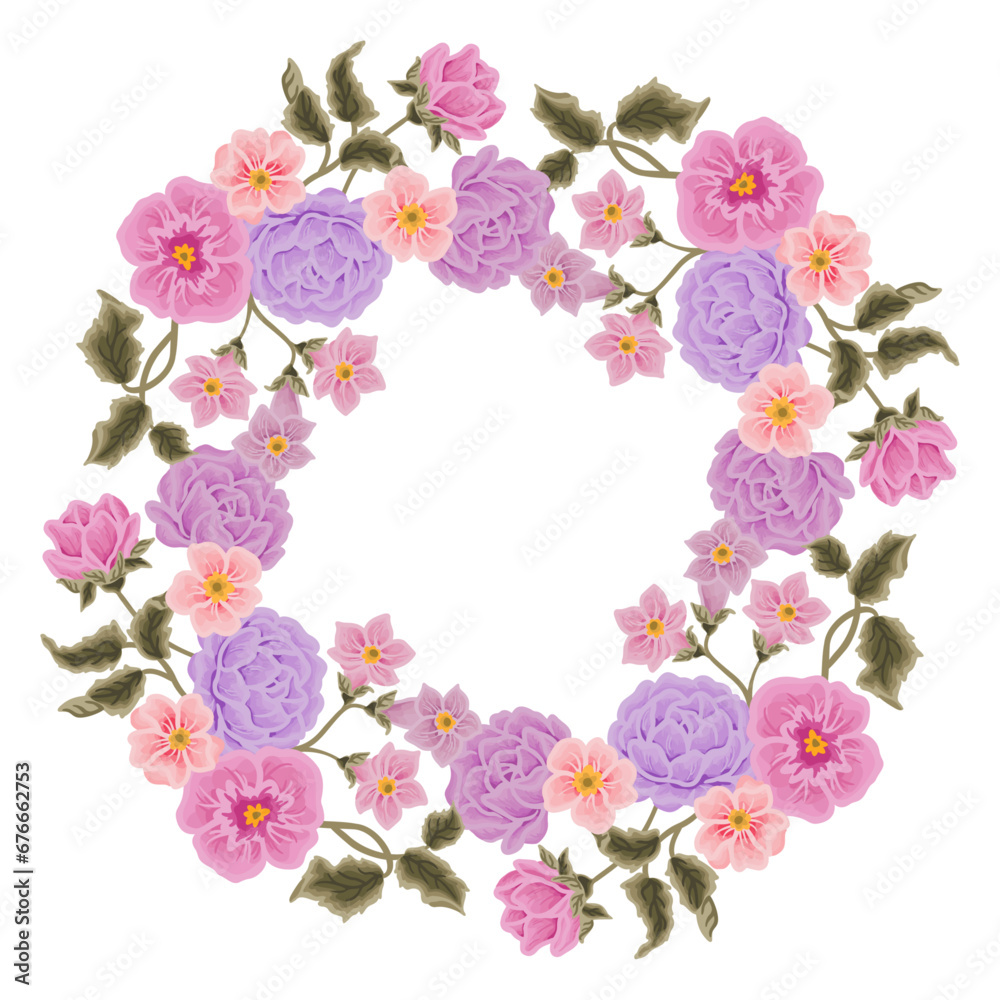 Vintage romantic violet flower frame wreath with purple rose floral, daisy, peony, poppy, wildflowers, and leaf branch decorative illustration elements