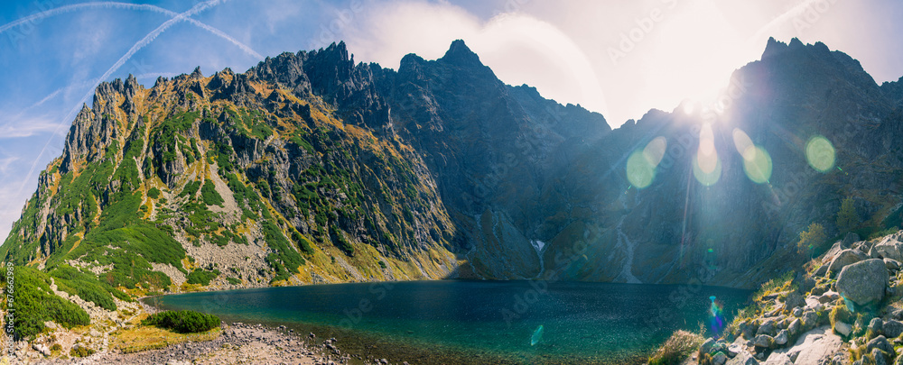 Obraz na płótnie Panoramic view of Poland national park, High Tatras, Morskie Oko lake, the highest point of Poland Mount Rysy w salonie
