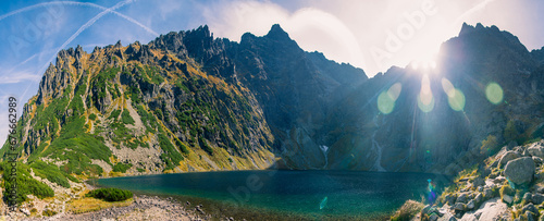 Panoramic view of Poland national park, High Tatras, Morskie Oko lake, the highest point of Poland Mount Rysy