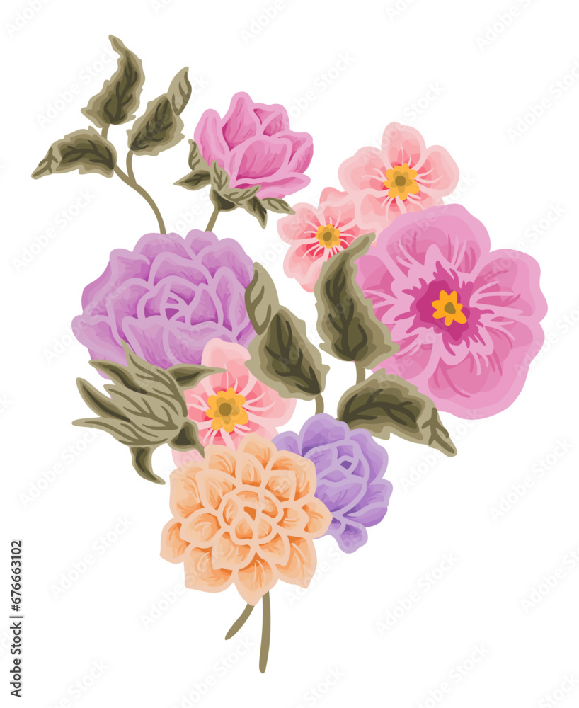 Vintage purple rose, daisy, violet peony flower bouquet clip art illustration design for greeting cards, wedding invitation, decoration, floral craft, feminine products, branding elements