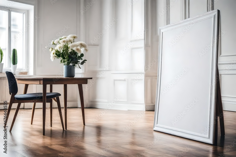 photo from the side of clean room with a few flowers and a chair or table, white wall, wooden floor and an big empty photo frame photo from the side of clean room with a few flowers and a chair or table, white wall, wooden floor and an big empty photo frame