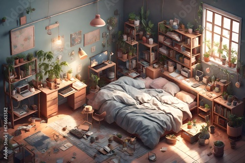 isometric messy nostalgic bedroom with a gaming pc, windows, plants bookshelves, desk, 3d art, muted colors, soft lighting, high detail, concept art, behance, ray tracing, volumetric lighting photo