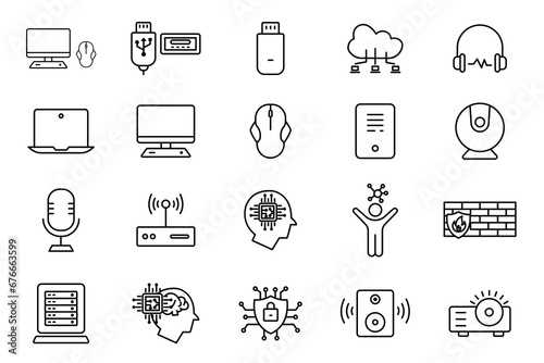 computer technology icon set. laptop, monitor, cloud computing, humanoid, firewall, access point, cyber security, etc. line icon style design. simple vector design editable