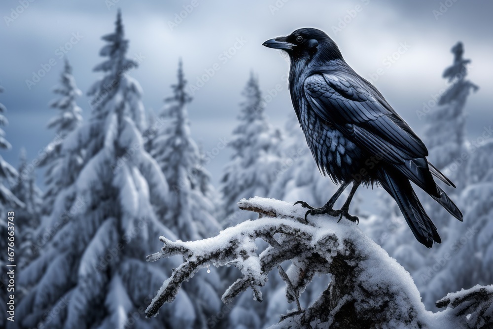 Black Raven calling in winter on a branch Generative Ai Black Raven calling in winter on a branch Generative Ai