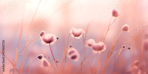 A dreamy scene showcasing a softfocus backdrop of freshly grass, infused with warm evening light. The delicate pink and purple hues of the horizon AI Generative 