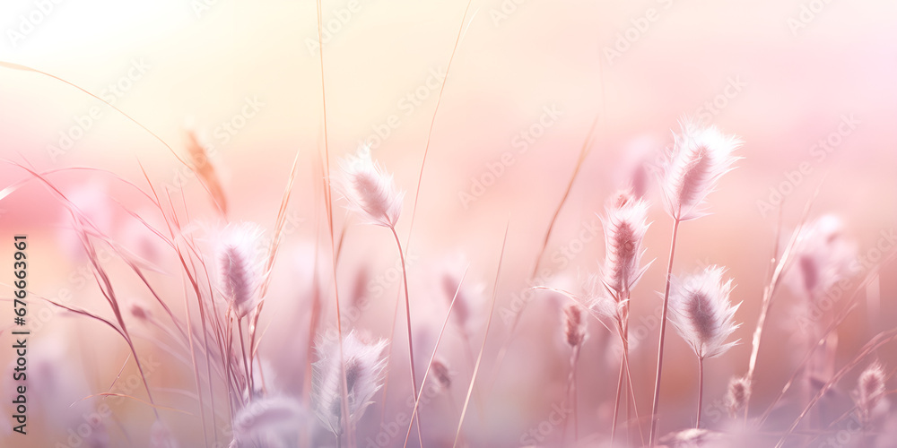 pink grass field look like pampas grass in romantic atmosphere,  August summer haze in herbs and wheat field in bokeh style, pastel colors AI Generative