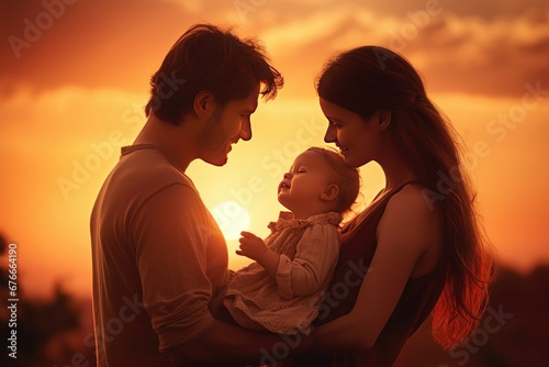 Happy family on the sunset background. Mother, father and their daughter.

 Generative AI