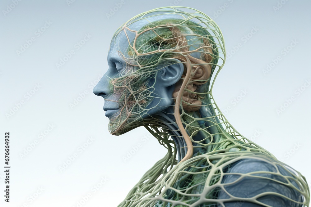 Illustrate the human lymphatic system within the context of a friendly and clean visual, incorporating it seamlessly into the contours of a human posture, generative ai Illustrate the human lymphatic system within the context of a friendly and clean visual, incorporating it seamlessly into the contours of a human posture, generative ai