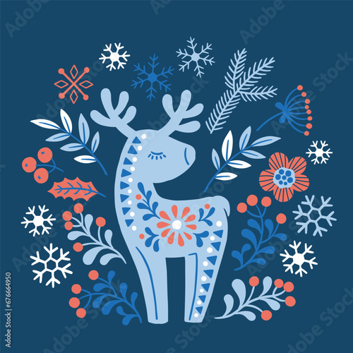 Vector hand drawn illustration of animals in Nordic style hygge. Silhouette of a deer in a floral pattern in a folk Scandinavian style
