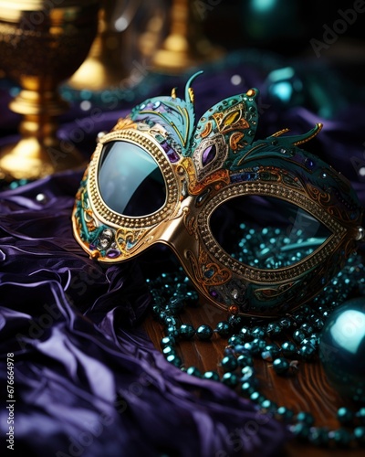 Mardi Gras holiday.carnival mask and beads decoration. Purple, Gold, and Green colors.