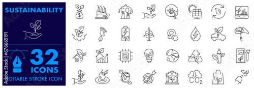 Sustainability Editable Stroke Icon, ecology, environment, CO2, renewable, Hydroelectric Power Station, Solar Panels, Windmill, leaf, Carbon Capture, Battery, Water. Governess, Growth, Technology.