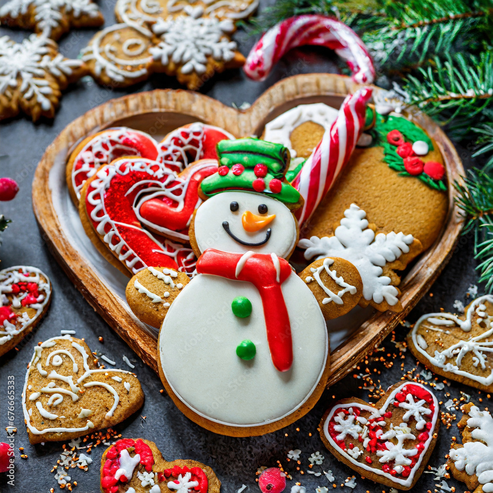 Christmas cookies with a snowman, reindeer and a candy cane surrounded by ginger bread hearts festive xmas new year decoration