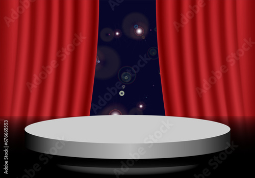 vector abstract 3d shape rendering for product placement with modern silver round base copy space and red curtain background. illustration EPS 10.