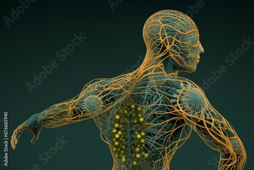 Illustrate the human lymphatic system within the context of a friendly and clean visual, incorporating it seamlessly into the contours of a human posture, generative ai photo