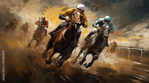 Tela Horses racing in a colorful background with jockeys on top, from the side