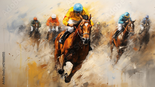 Horses running on a track, in the style of colorful costumes, yellow and aquamarine