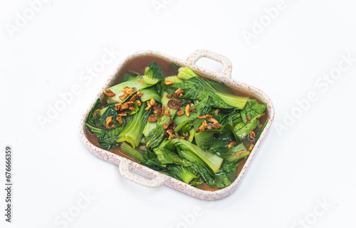 Baby Bok choy or Chinese cabbage in oyster sauce. Chinese food. closeup photo photo