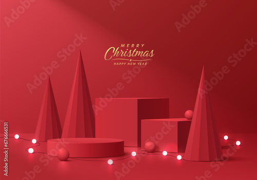 Realistic 3d red cylinder podium pedestal set with red christmas tree and neon lighting balls. Merry christmas product display mockup presentation. Stage showcase. Platforms vector geometric design.