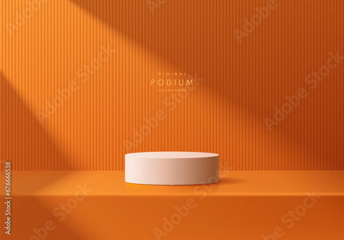 Abstract 3D realistic orange cylinder podium pedestal background with natural lighting wall scene. Minimal mockup or product display presentation, Stage for showcase. Platforms vector geometric design