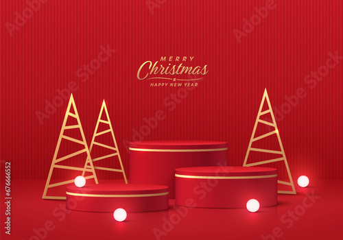 Realistic 3d red cylinder podium pedestal set with golden triangle tree and neon lighting balls. Merry christmas product display mockup presentation. Stage showcase. Platforms vector geometric design.