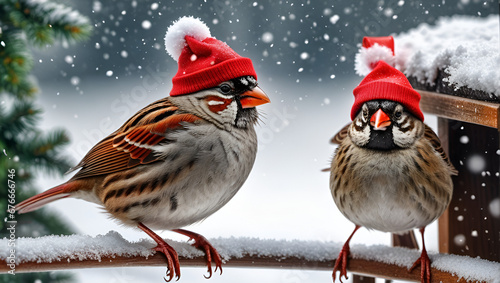 robin on the snow, funny little birds sparrows in Santa's festive red hat sitting on a branch under the snow in the Christmas, Christmas, Birds, Sparrows, Santa Hat, Funny, Cute, Winter, Snow,