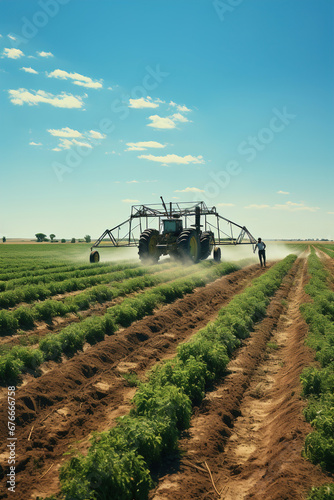 A man standing in a field with a sprinkle of water. Agriculture land.