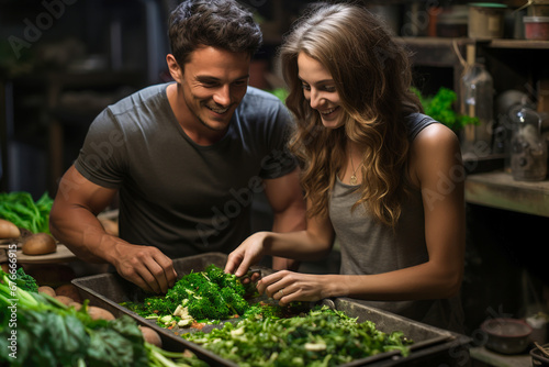 A man and a woman sitting at a table full of vegetables