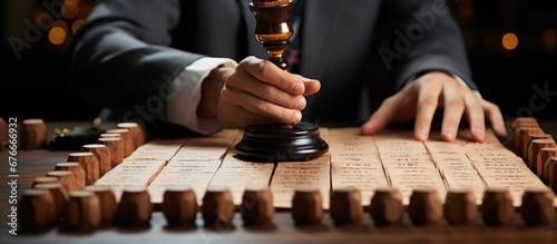 Businessman hand using wooden stamp to document document