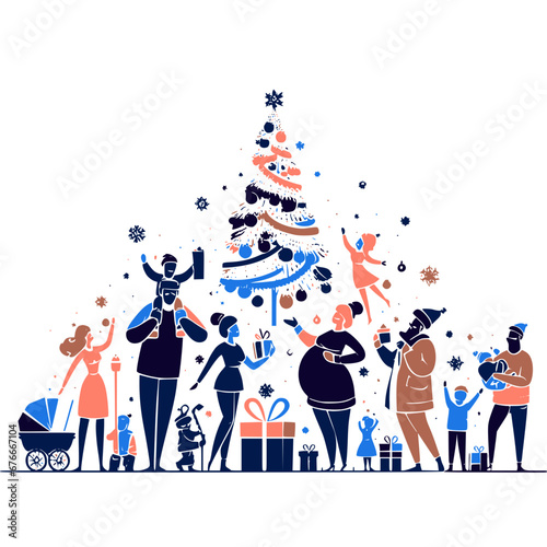 'Tis the Season: Joyful Family Christmas Vector Illustration, colorful people, gifts and Christmas tree, Concept illustration Vector