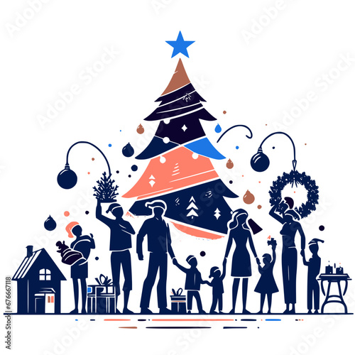 Festive Family Holiday Concept Illustration, colorful Christmas tree