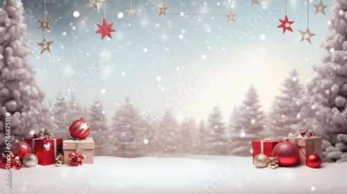 Snow covers the winter landscape when it snows with Merry Christmas text. Winter holiday background. © venusvi