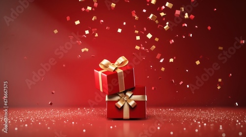 Merry Christmas and Happy New Year poster or banner with red gift boxes. and christmas elements Christmas promotion in red and gold. © venusvi