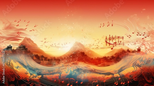 Music notes on chinese new year background ,Happy New Year.