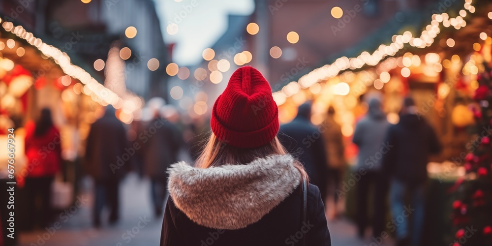 Rear view of a woman wears red Santa hat walking in Christmas market decorated with holiday lights in the evening. Feeling happy in big city, generative ai