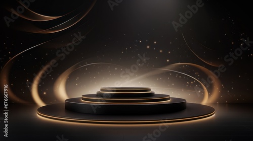 Product display podium with golden curve line decoration and gold light effect elements and star with bokeh. Black luxury style background.