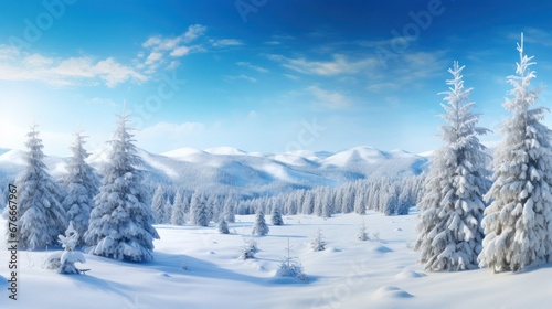 Snow covers the winter landscape when it snows with Merry Christmas text. Winter holiday background. © venusvi