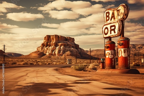 Ruins of an abandoned gas station from the 1930s in America Generative Ai