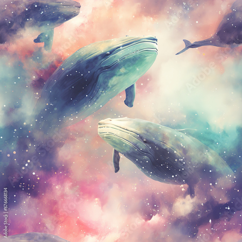 Galaxy whale watercolor pattern, space fantasy universe flying whales tile photo