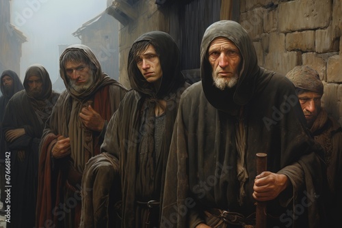 Sad Medieval Lepers in the streets Generative Ai photo