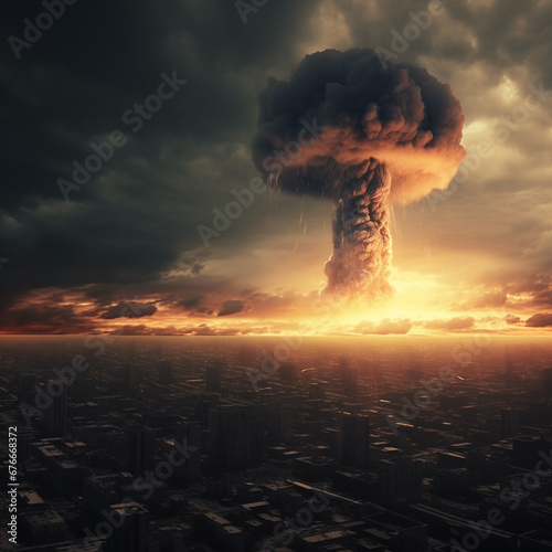 Nuclear explosion mushroom cloud. Doomsday, nuclear apocalypse. AI generated.