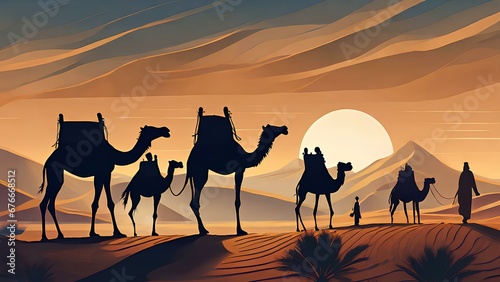 Silhouette of a caravan of camels in the desert.
