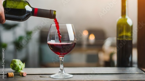 Pouring red wine into glass from bottle.
