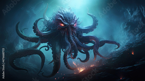 Octopus With Eerie, Illuminated Eyes Mesmerizing in Enigmatic, Shadowy Woods