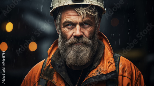 Portrait of the oilman worker on Oil rig platform. Power industry, petroleum engineering, technology, oilfield photo
