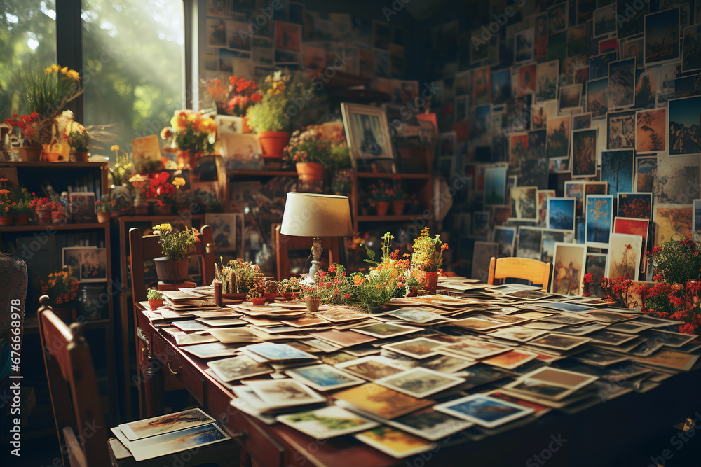 A table topped with lots of pictures and cards