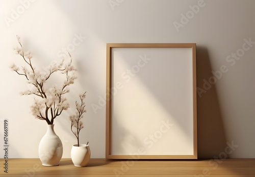 3d render of a blank picture frame for putting posters on wooden shelf, in the style of floral still lifes, light beige and gold, minimalist brush work, flat and graphic, nature morte, commission for,