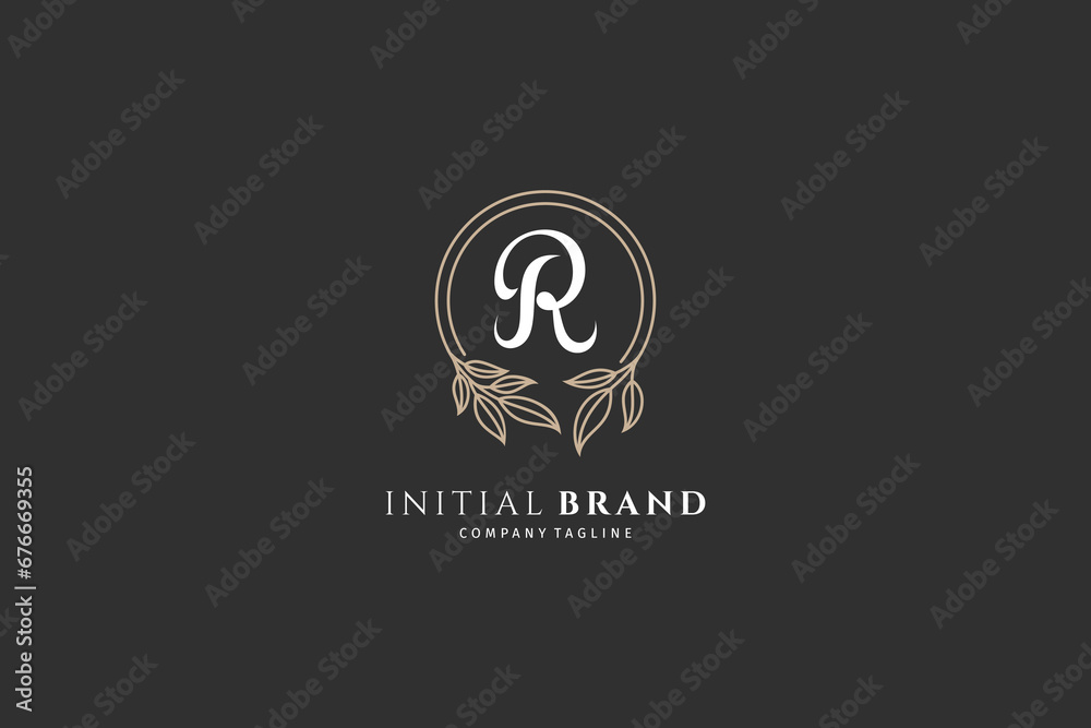 Initial R logo with circle frame decorated with plants in simple design style Initial R logo with circle frame decorated with plants in simple design style